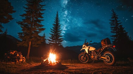 Camping Under Stars: A Motorcycle by the Cozy Campfire