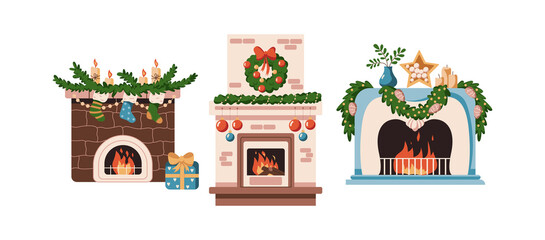 Burning fireplaces with Christmas ornament vector objects