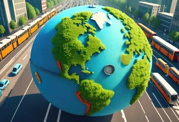 A globe of Earth where all the continents are shown with ocean and this big globe is placed in the center of a city road. Illustration of nature in the form of a spherical globe of Earthmoving on