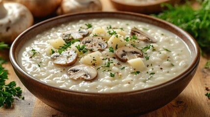 Creamy mushroom risotto garnished with herbs and cheese in a rustic bowl.