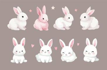 Watercolor Set of White Rabbit and bunny.