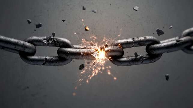  Two metal chains breaking apart, one chain is broken and the other still whole, with sparks flying from where it has been cut off.