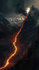 Majestic Eruption of an Active Volcano with Flowing Lava Down the Rugged Mountain Landscape Under Dramatic Clouds and Snowy Peaks in a Breathtaking Scene