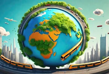 A globe of Earth planet, all the continents are shown with ocean and this big globe is placed in the center of a city route. Illustration of nature in the form of a spherical globe of planet Earth