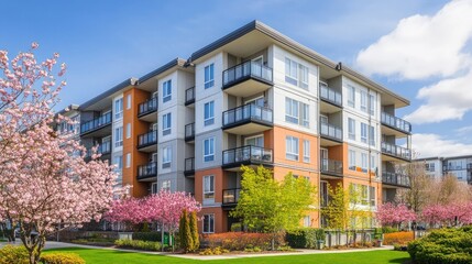 A modern apartment building with balconies, surrounded by blossoming trees under a bright blue sky. Springtime vibes!