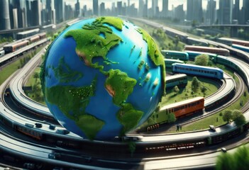 A globe of Earth where all the continents are shown with ocean and this big globe is placed in the center of a city route. Illustration of nature in the form of a spherical globe of Earth