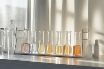 Colorful laboratory test tubes filled with liquids displayed on a white surface under natural sunlight in a scientific workspace. Generative AI