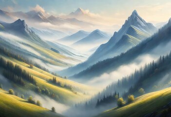 An attractive view of mountains covered with snow and fog and the sky is covered with clouds. the sun is throwing rays through the clouds on mountains