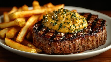 A delicious grilled steak topped with creamy sauce, served with crispy fries.