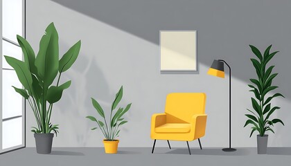 A modern, minimalist room with a grey backdrop, highlighting a single yellow armchair, a sleek lamp beside it, and potted plants placed around the space