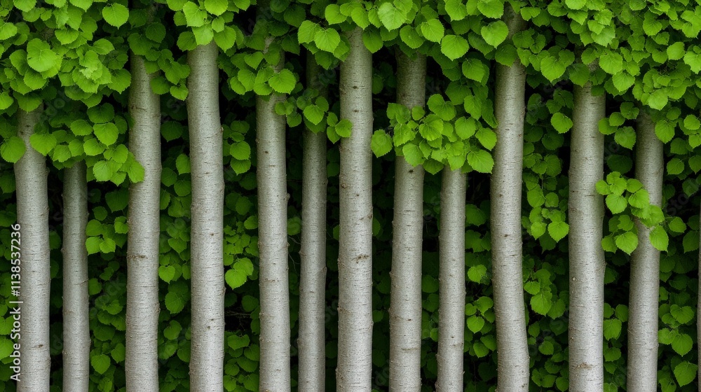 Poster a symphony of green: a mesmerizing view of a dense forest, where slender tree trunks stand in a rhyt