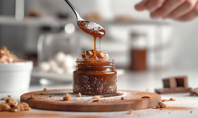 Salted caramel in a glass jar on a dark marble background. Homemade salted caramel sauce. Caramel sauce drips from spoon in hand. Space for text. Copy space.