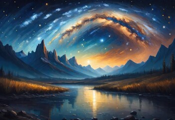 The sky views at night over the mountains and water stream where stars and galaxies are seen—an astronomical illusion of space at night. Stars are shining and giving reflection in lake water.