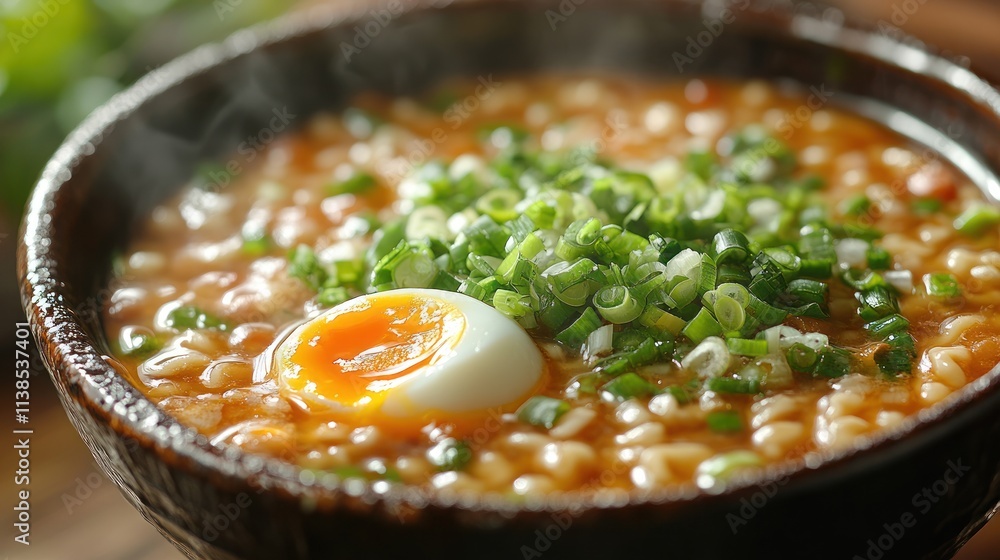 Poster a steaming bowl of soup with a soft-boiled egg and green onions, ready to be enjoyed.
