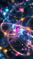 Obraz premium Vibrant Abstract Energy Pattern with Swirling Light Trails and Dynamic Colors Representing Atomic Structure and Cosmic Energy