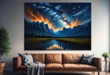 A painting of the sky at night time is hanging in an apartment, the painting has a view of galaxies and stars over a lake 
