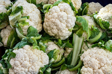 Cauliflower in the market, close-up. Fresh cauliflower