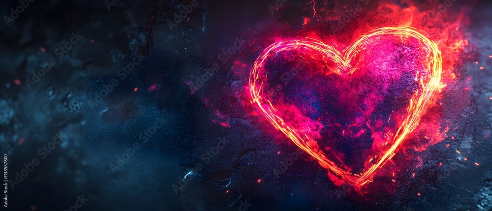 Poster a fiery heart glow on a dark background creating a passionate atmosphere for romantic and love-theme