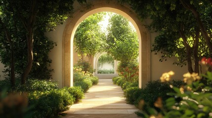 Fototapeta premium Serene pathway through a lush garden, framed by elegant arches. Sunlight filters through the leaves, creating a tranquil atmosphere.