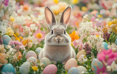 Easter bunny surrounded by colorful eggs and vibrant flowers in a spring garden