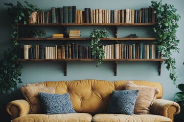 Wooden book shelves in modern interior. Bookshelves with different books in home library. Learning, studying, lifestyle and education concept. Generated AI