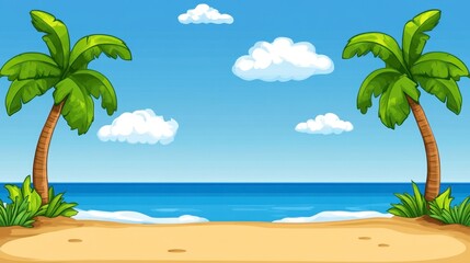 Fototapeta premium Tropical Beach Scene with Palm Trees and Clear Blue Sky Background