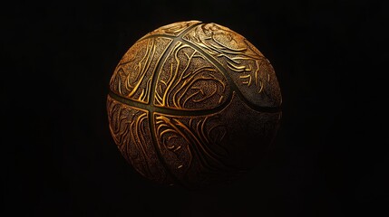 A basketball with intricate golden details, levitating on a matte black background, radiating sophistication.