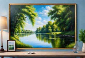 A scenery of water lake flows along the bank, where trees shadow water bodies and look so calming, the water stream is flowing in forests