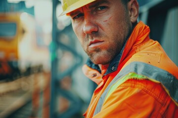 Stop Work. Angry Adult Caucasian Male Construction Worker in High Visibility Jacket