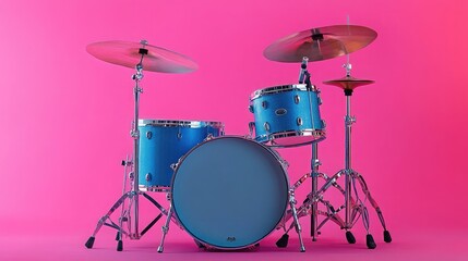 Blue and purple drum set on a bold pink background for a vibrant musical theme