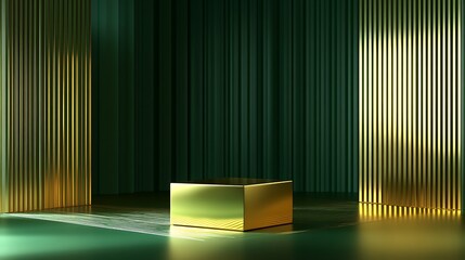 A modern minimalist scene with a green and gold background, showcasing a golden square podium with striped sides, designed for product display with a clean, geometric composition