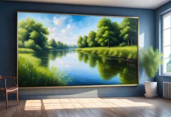 A painting of  a lake of water flows along the bank, where trees shadow water bodies and look so calming, the water stream is flowing in forests