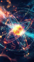 Colorful Abstract Representation of Atomic Structure with Glowing Particles and Energetic Swirls in a Cosmic Background for Science and Technology Themes
