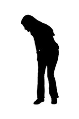 young girl crouching and looking the floor on white background