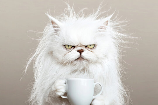 Disheveled white Persian cat with a grumpy expression holds a coffee cup, showcasing the struggle of a rough morning awakening in cozy surroundings