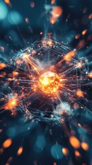 Obraz premium Dynamic Abstract Visualization of an Energetic Atomic Structure with Vibrant Particles and Glowing Core Radiating Light in a Dark Background