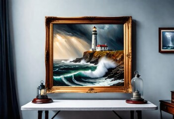 A photo frame of a lighthouse in a sea storm on the mountains hanging on a wall where waves are touching clouds in the sky, clouds are thundering over the seawater.