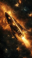 Futuristic Spacecraft Gliding Through Vibrant Cosmic Landscape with Fiery Jet Trails and Stunning Galactic Background
