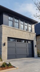 Modern garage design with large windows and gray stone finish in residential area