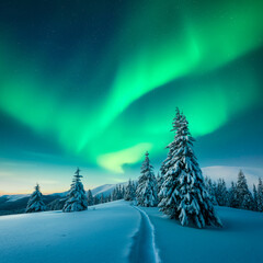 Fairy winter mountains with snowy fir-trees and incredible Northern lights in starry sky. Christmas...