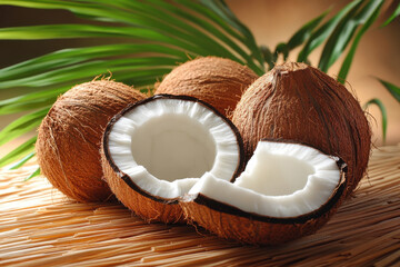 Fresh coconut fruit on table. Halves of coconut fruit on blurred background. Generated AI