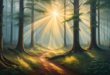 A forest scenery where sun rays are coming through the woods, trees are lush green, and enjoying morning bliss