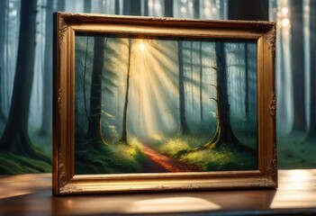 A wooden frame is placed in the forest to  copy the scene of trees and sun rays coming out of trees