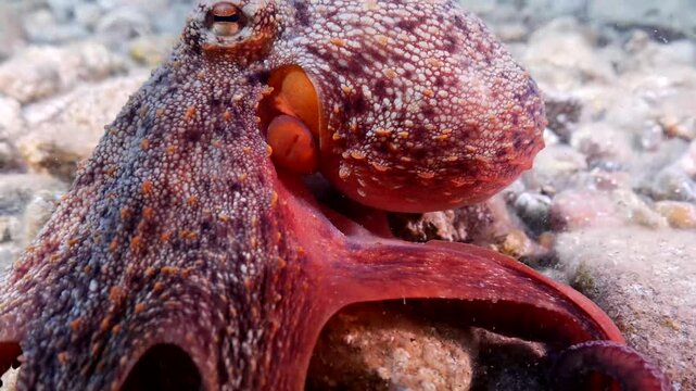 octopus close up  underwater crowling and starts to swim in blue water with fish around