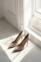 Elegant high heel shoe displayed in natural light with soft shadows on the floor