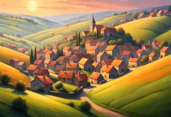 A painting of a small town where houses are built together showing a rural life. the city is situated among plains and mountains, mountains are covered with grass all around