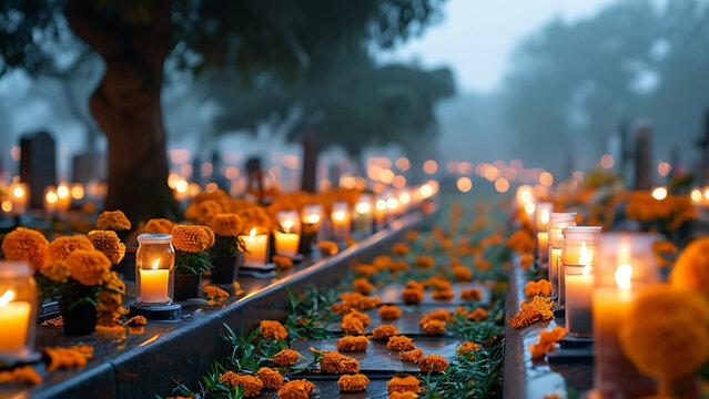 Candles and marigolds at Day of the Dead