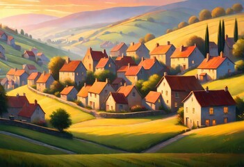 A painting of a small town where houses are built together showing an urban life. the city is situated among plains and mountains