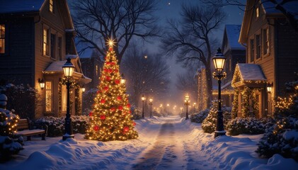 Christmas celebration in snowy neighborhood night