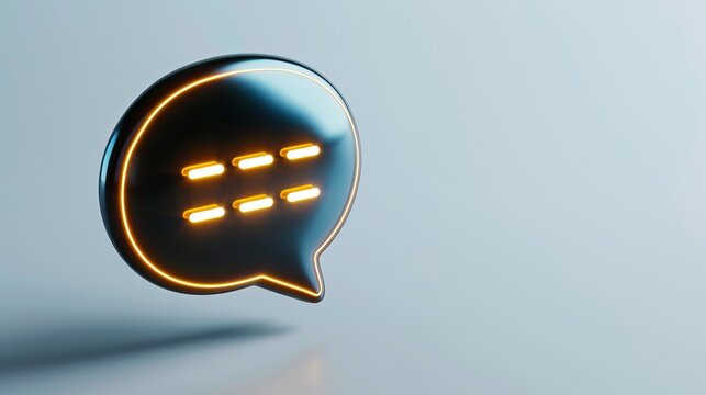 A sleek, metallic chat bubble icon with glowing lines, symbolizing modern communication in digital spaces.